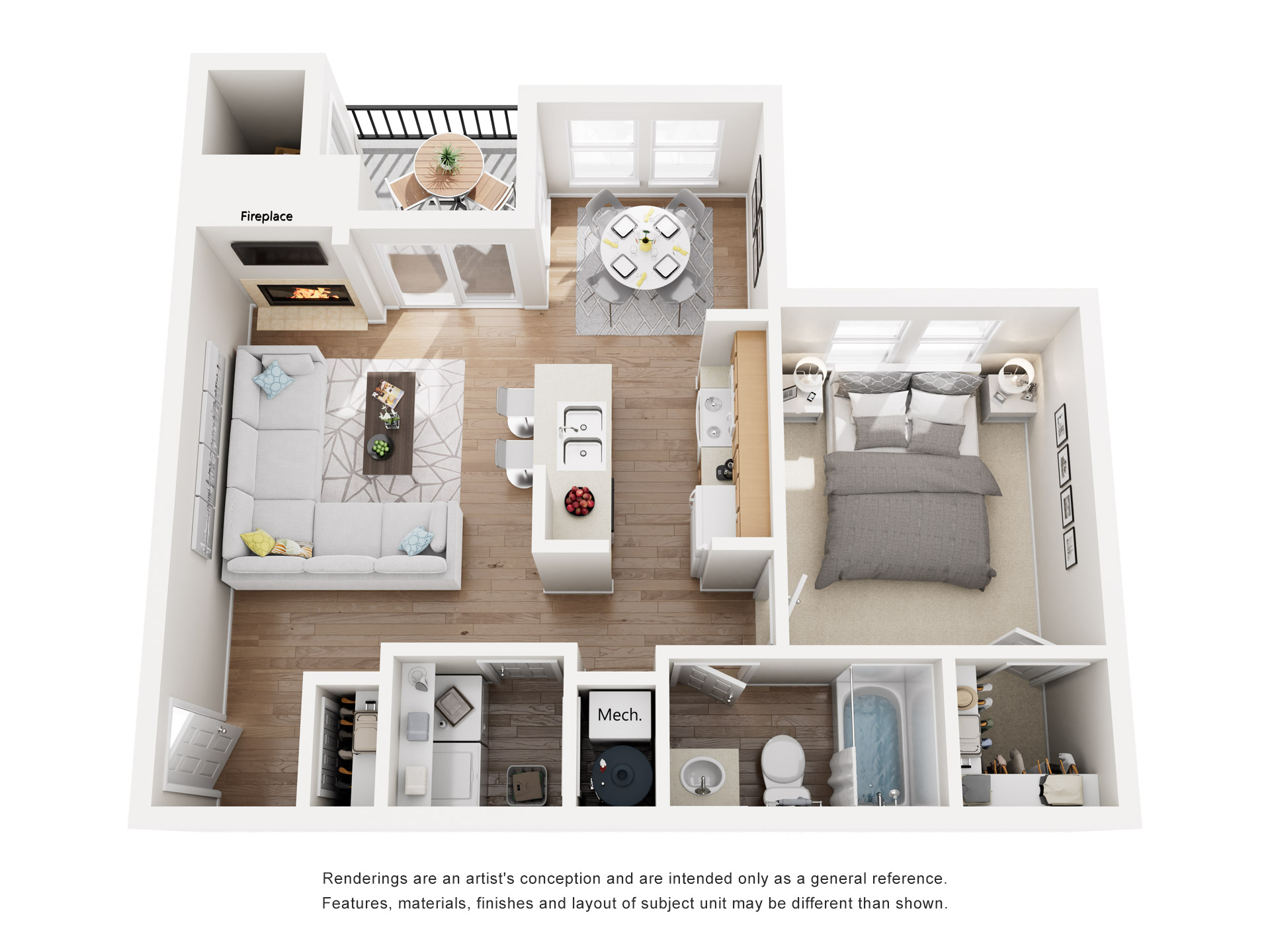 Floor plan for 1 bed, 1 bath, 694 sqft