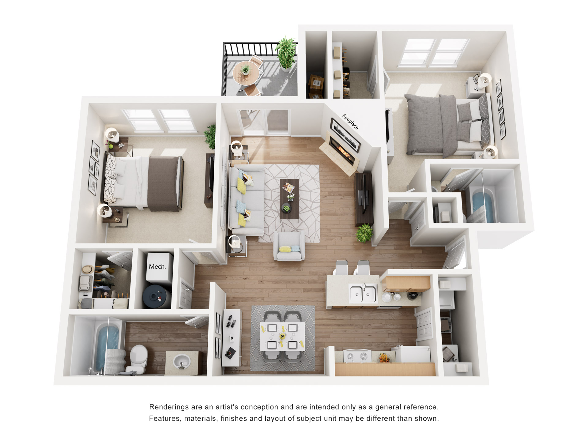 Floor plan for 2 beds, 2 baths, 928 sqft