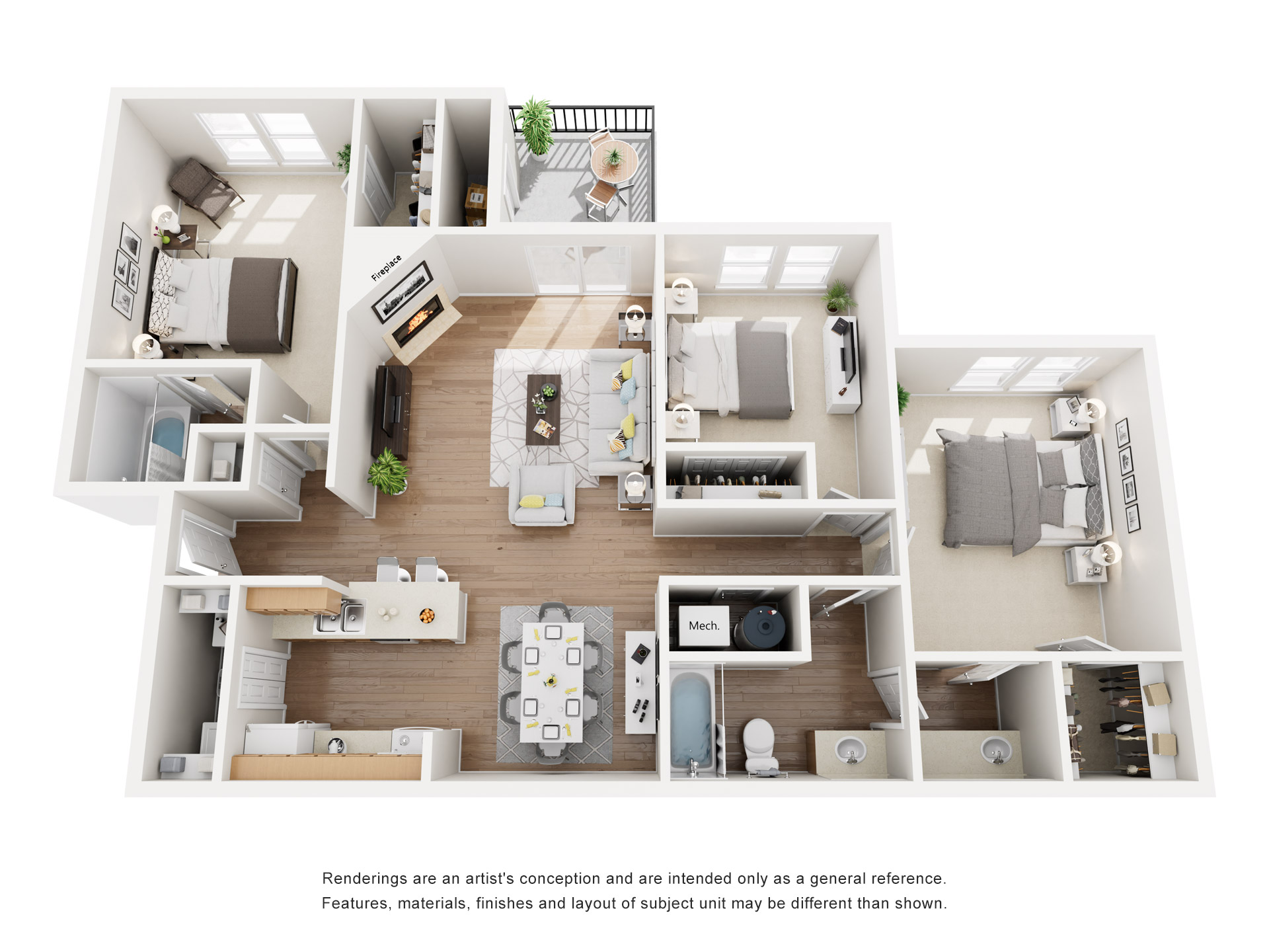Floor plan for 3 beds, 2 baths, 1101 sqft