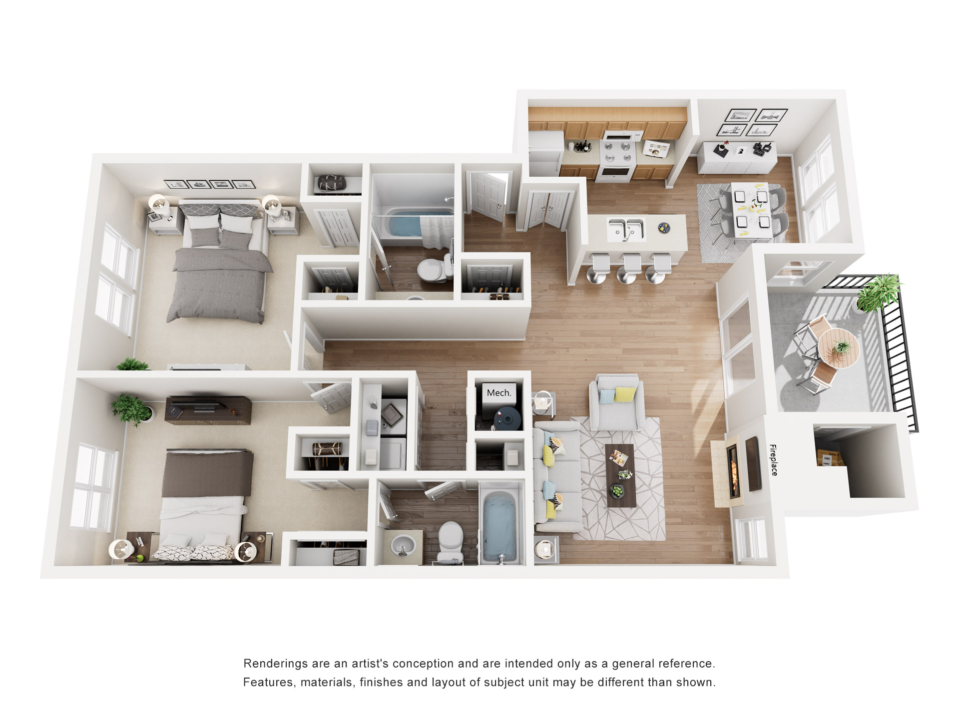 Floor plan for 2 beds, 2 baths, 1048 sqft