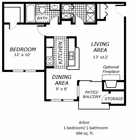 Floor plan for 1 bed, 1 bath, 694 sqft