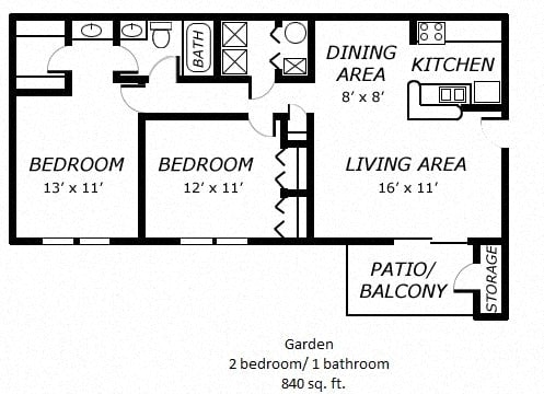Floor plan for 2 beds, 1 bath, 840 sqft
