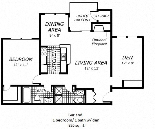 Floor plan for 1 bed, 1 bath, 826 sqft