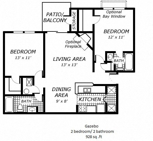 Floor plan for 2 beds, 2 baths, 928 sqft