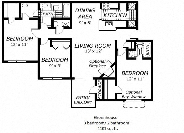 Floor plan for 3 beds, 2 baths, 1101 sqft