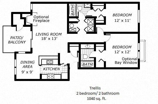 Floor plan for 2 beds, 2 baths, 1048 sqft