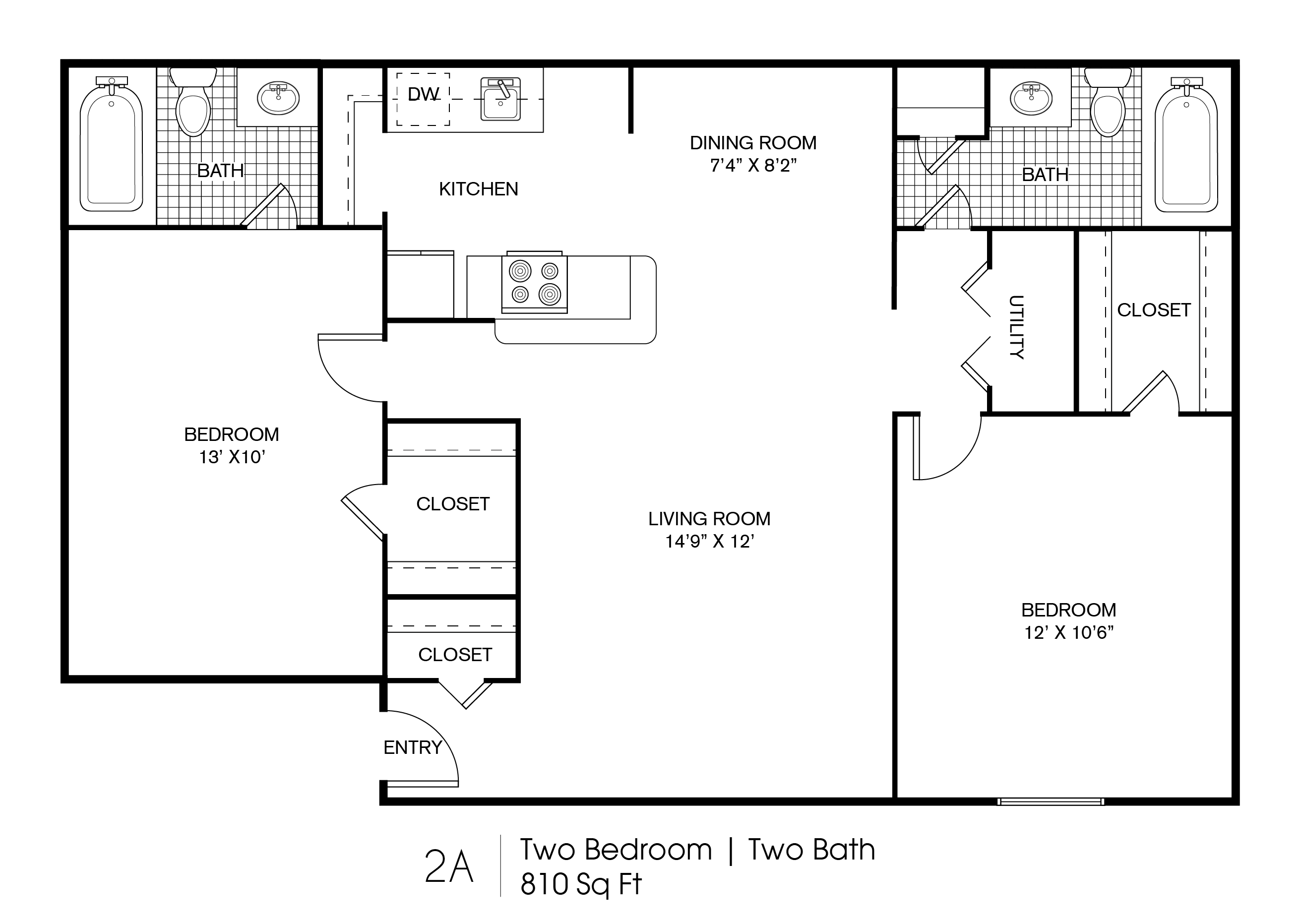 Floor plan for 2 beds, 2 baths, 848 sqft