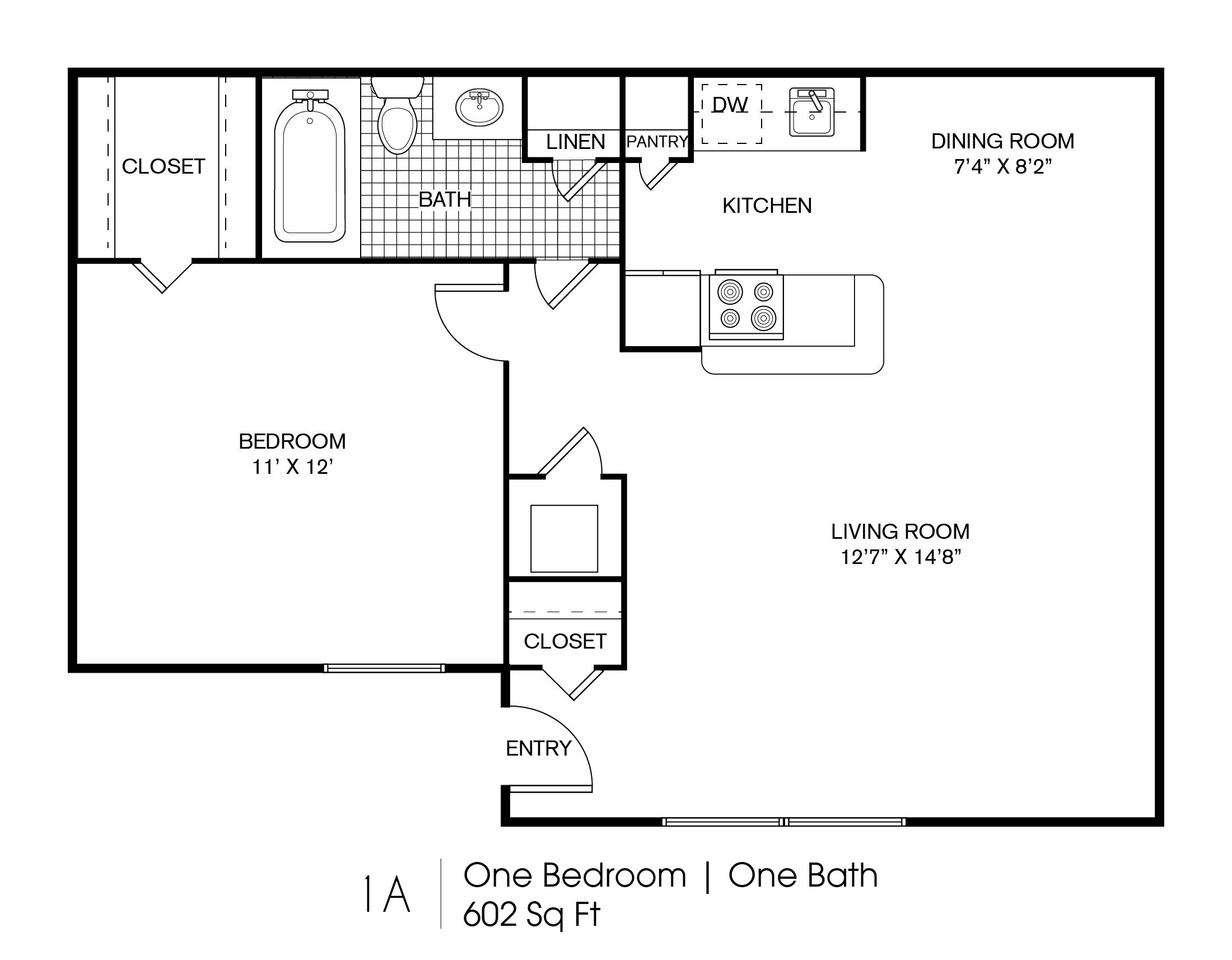 Floor plan for 1 bed, 1 bath, 633 sqft