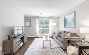 Augusta apartment for rent - A living room with a grey couch, a coffee table, and a television.