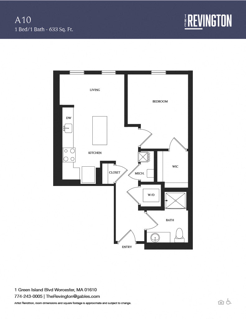 Floor plan for 1 bed, 1 bath, 633 sqft