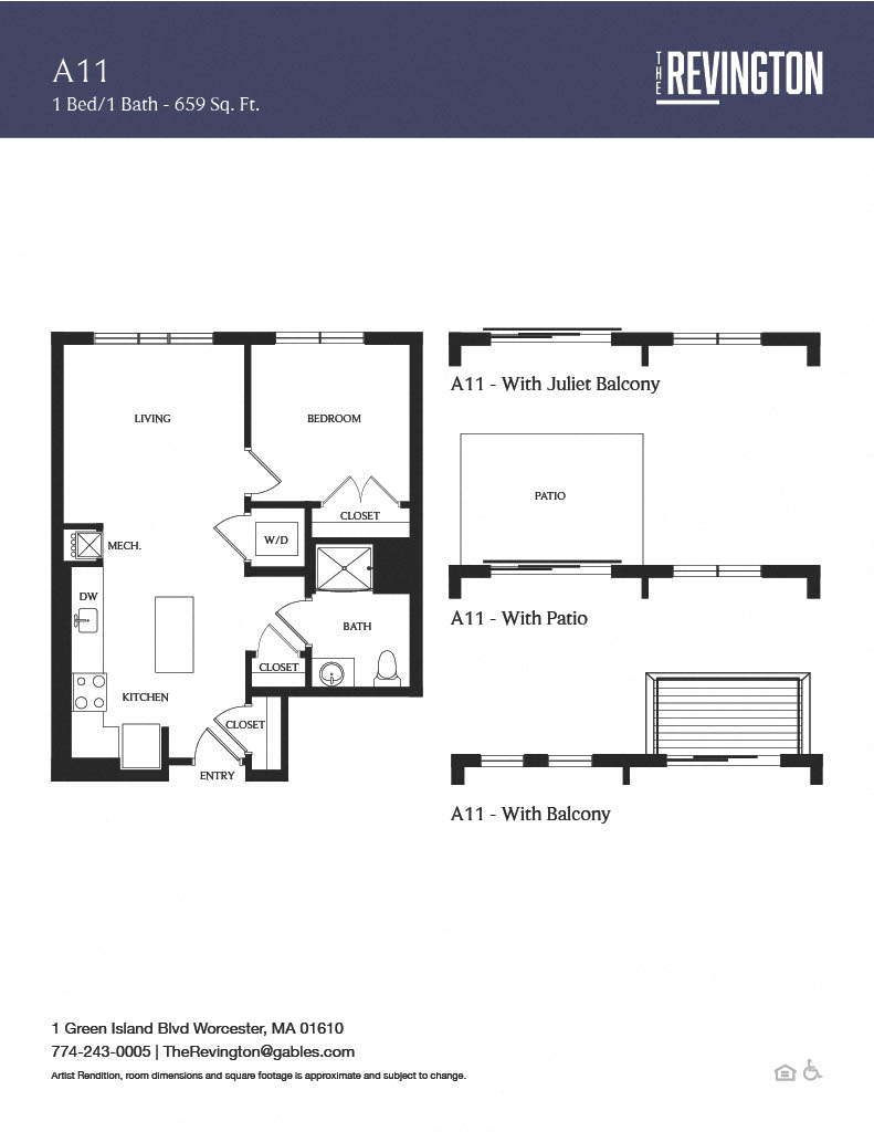 Floor plan for 1 bed, 1 bath, 659 sqft