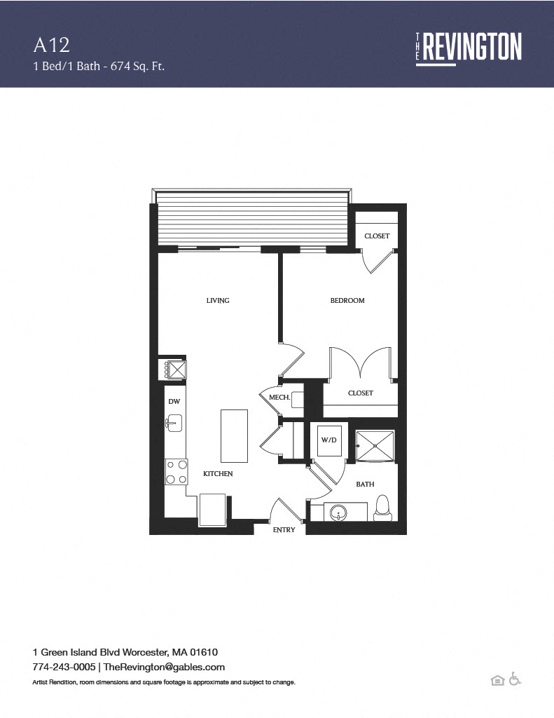 Floor plan for 1 bed, 1 bath, 674 sqft