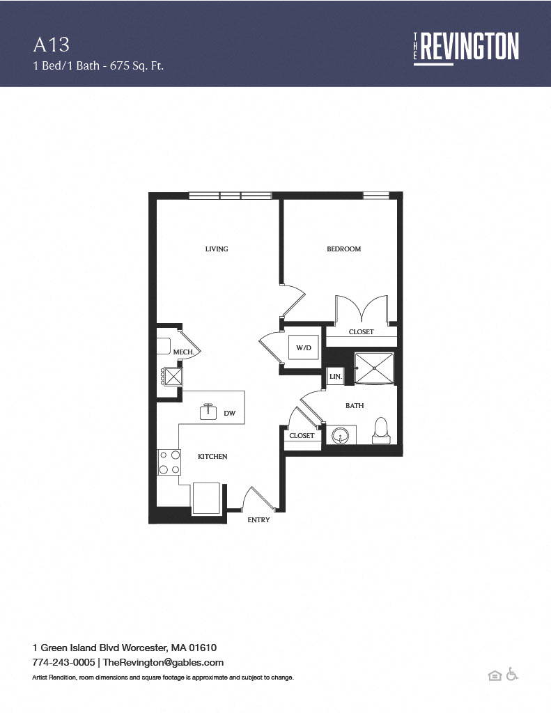 Floor plan for 1 bed, 1 bath, 675 sqft