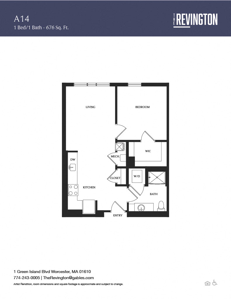 Floor plan for 1 bed, 1 bath, 676 sqft