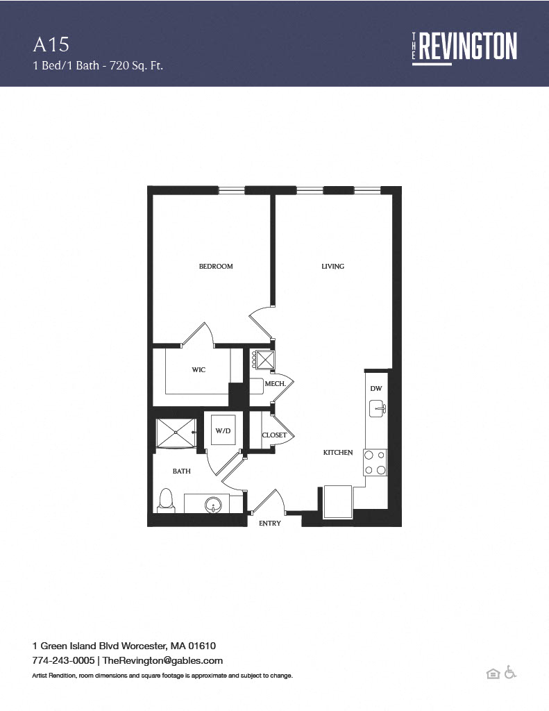 Floor plan for 1 bed, 1 bath, 720 sqft