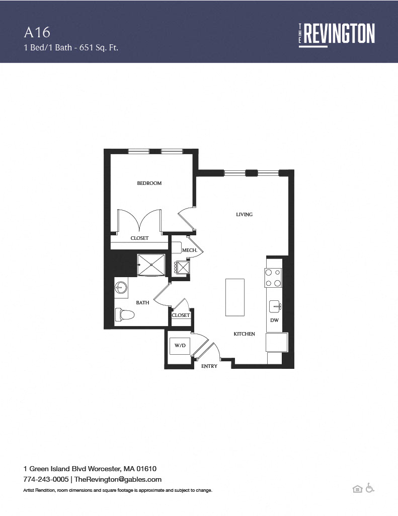Floor plan for 1 bed, 1 bath, 651 sqft