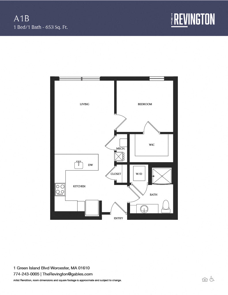 Floor plan for 1 bed, 1 bath, 653 sqft