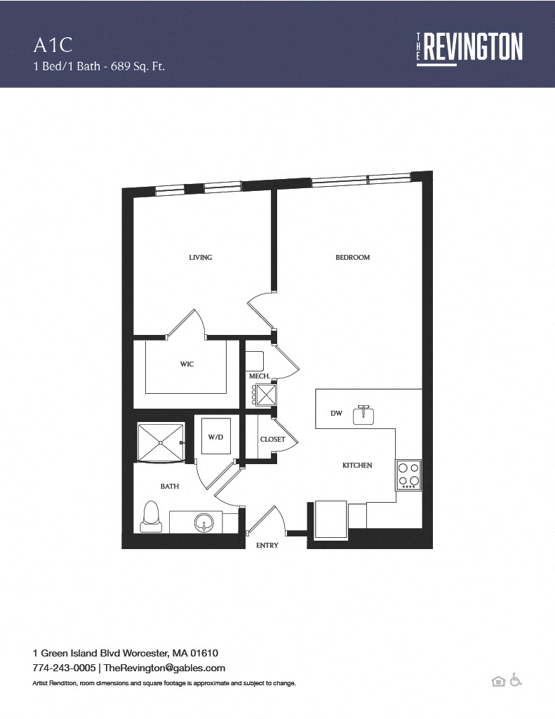 Floor plan for 1 bed, 1 bath, 689 sqft