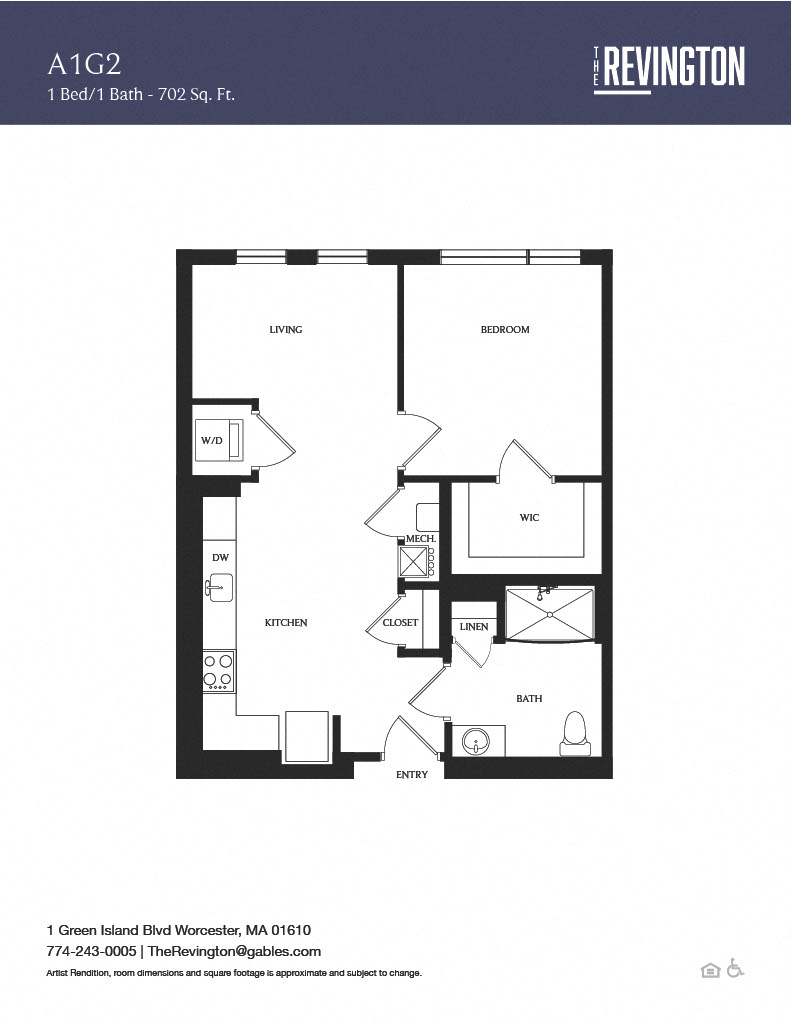 Floor plan for 1 bed, 1 bath, 702 sqft