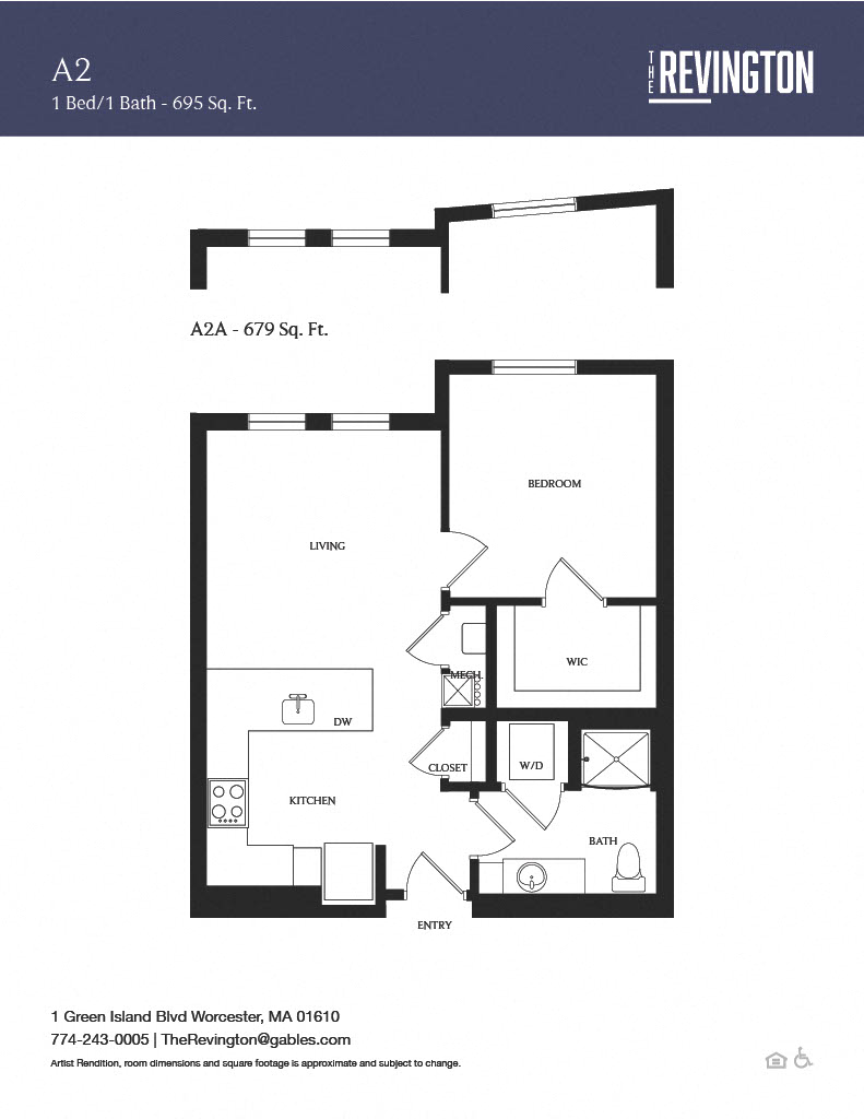 Floor plan for 1 bed, 1 bath, 679 sqft