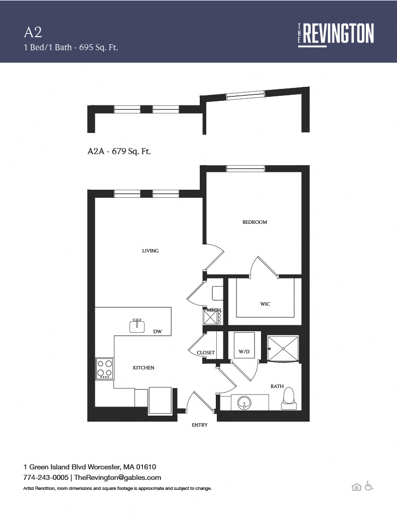 Floor plan for 1 bed, 1 bath, 695 sqft