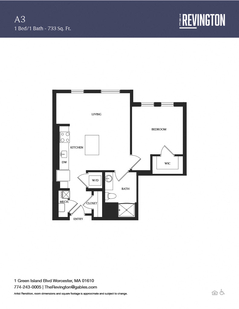 Floor plan for 1 bed, 1 bath, 733 sqft
