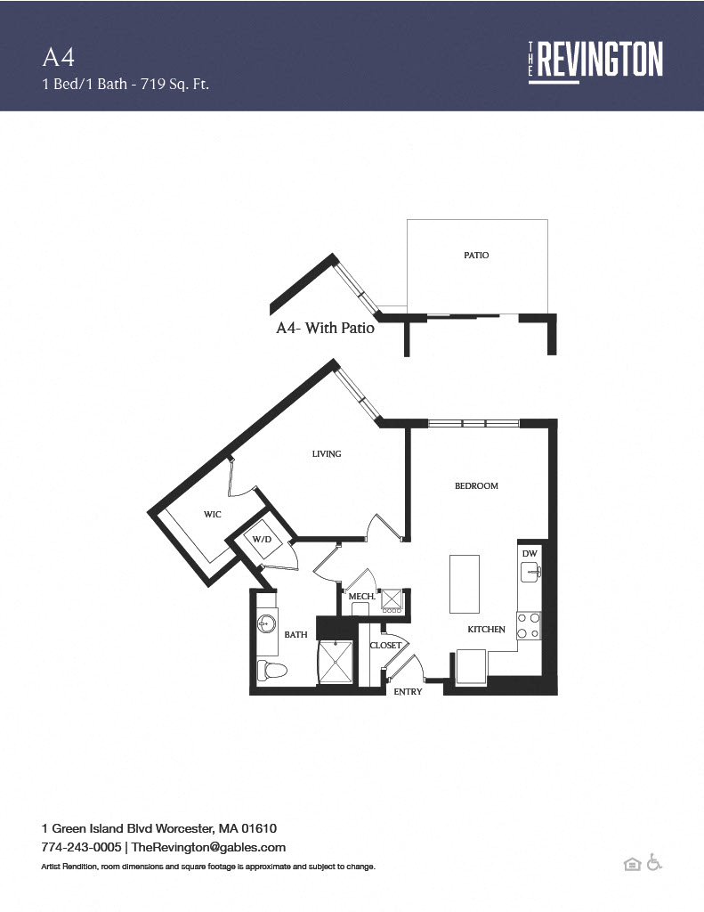Floor plan for 1 bed, 1 bath, 719 sqft