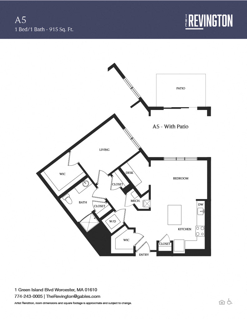 Floor plan for 1 bed, 1 bath, 915 sqft