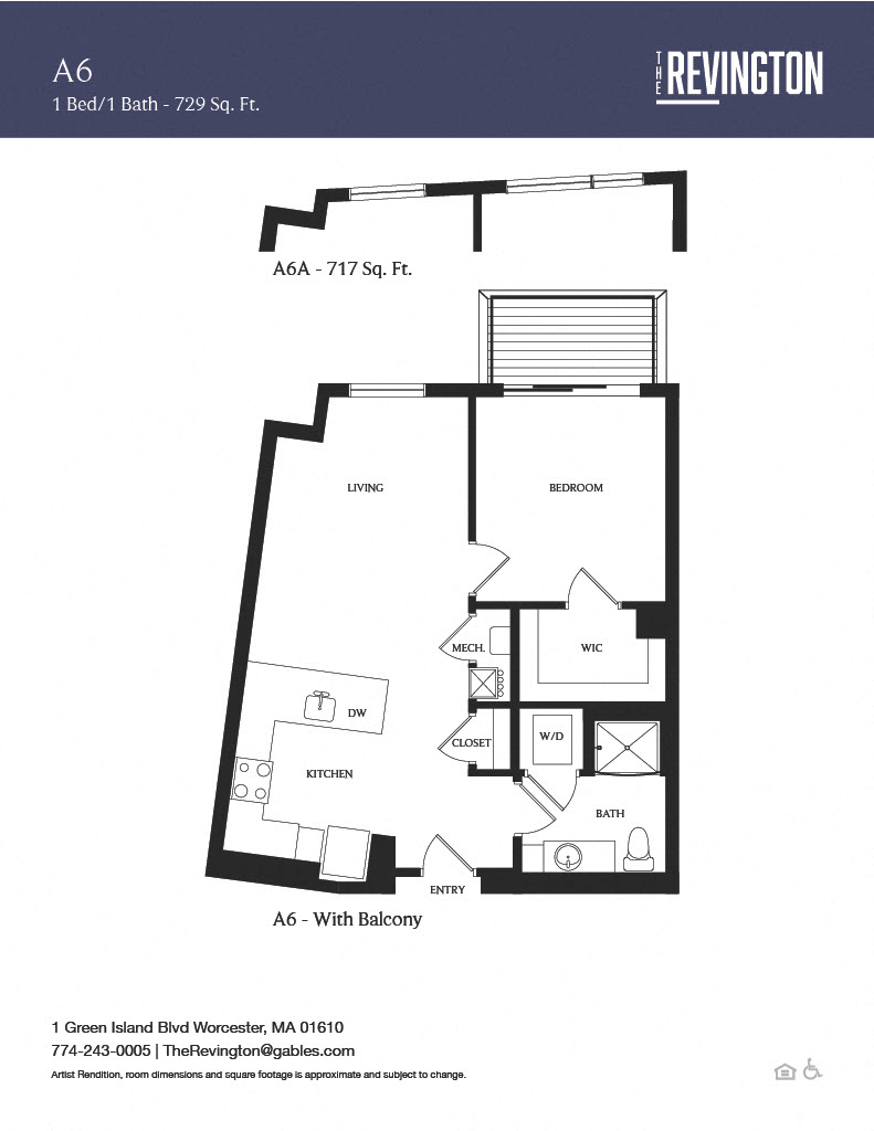 Floor plan for 1 bed, 1 bath, 729 sqft