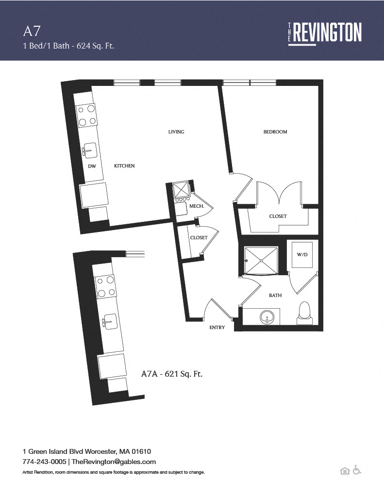Floor plan for 1 bed, 1 bath, 621 sqft