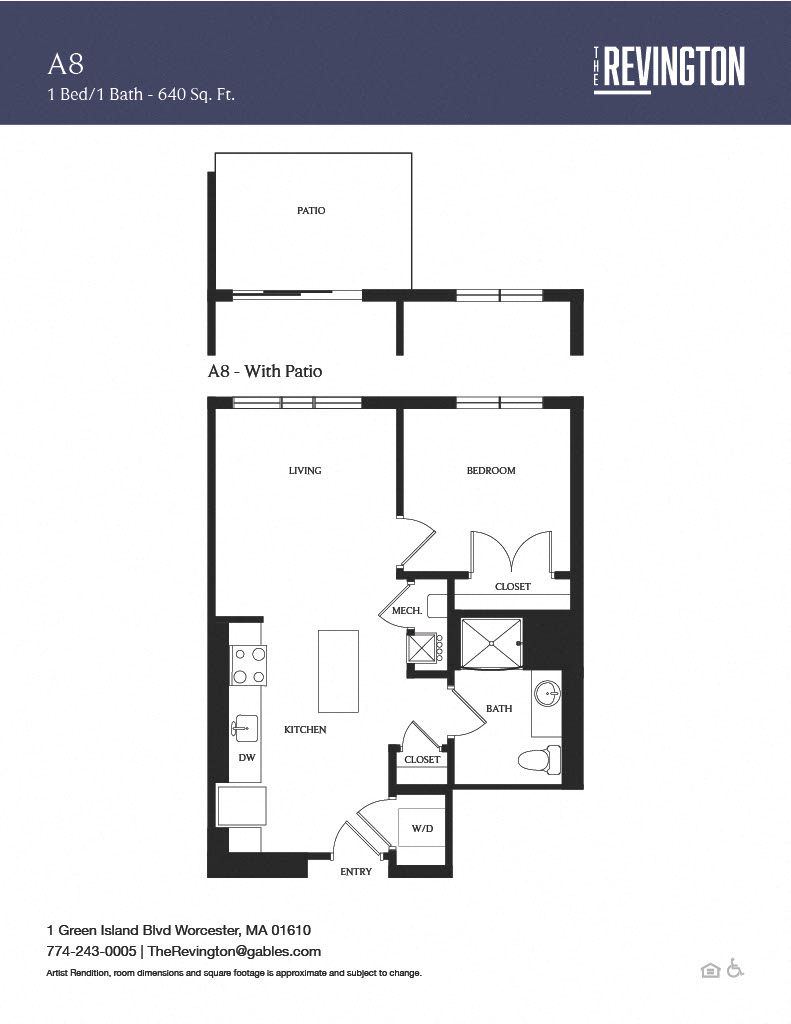 Floor plan for 1 bed, 1 bath, 640 sqft