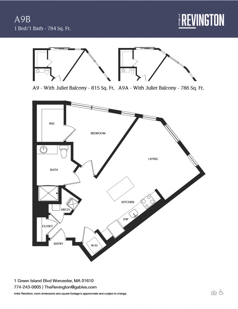 Floor plan for 1 bed, 1 bath, 784 sqft