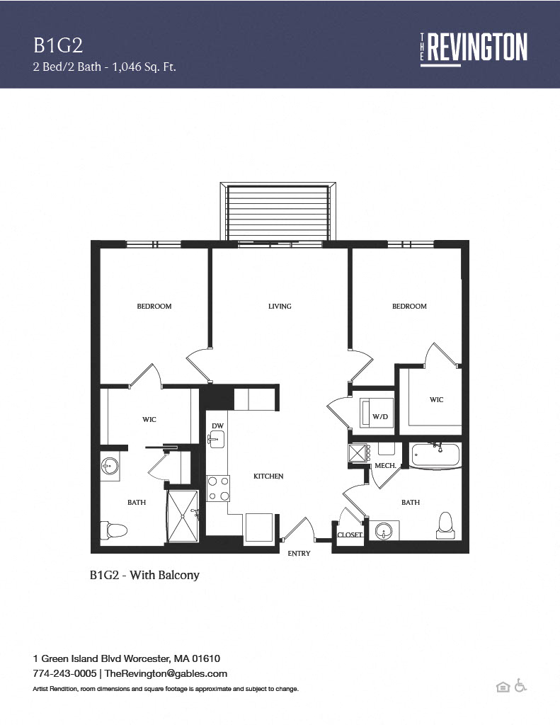 Floor plan for 2 beds, 2 baths, 1046 sqft
