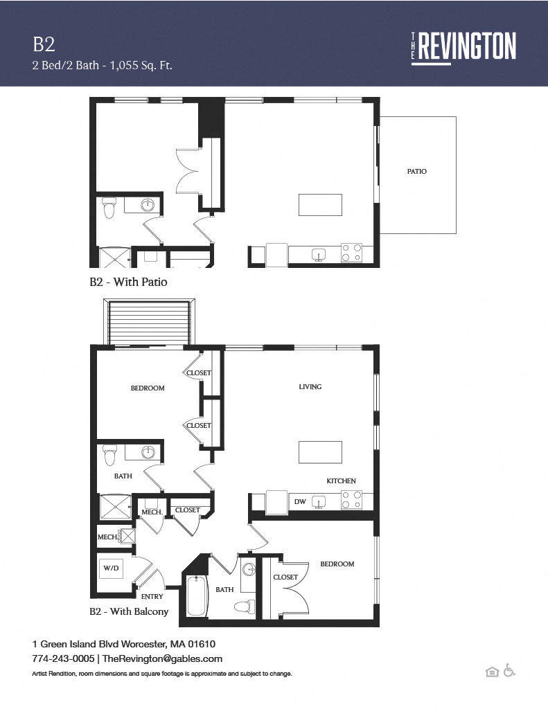 Floor plan for 2 beds, 2 baths, 1055 sqft