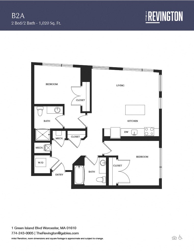 Floor plan for 2 beds, 2 baths, 1020 sqft