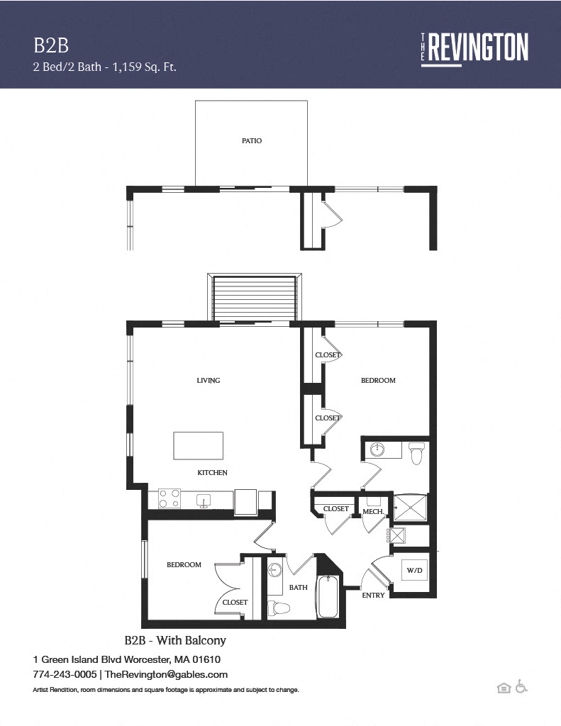 Floor plan for 2 beds, 2 baths, 1159 sqft