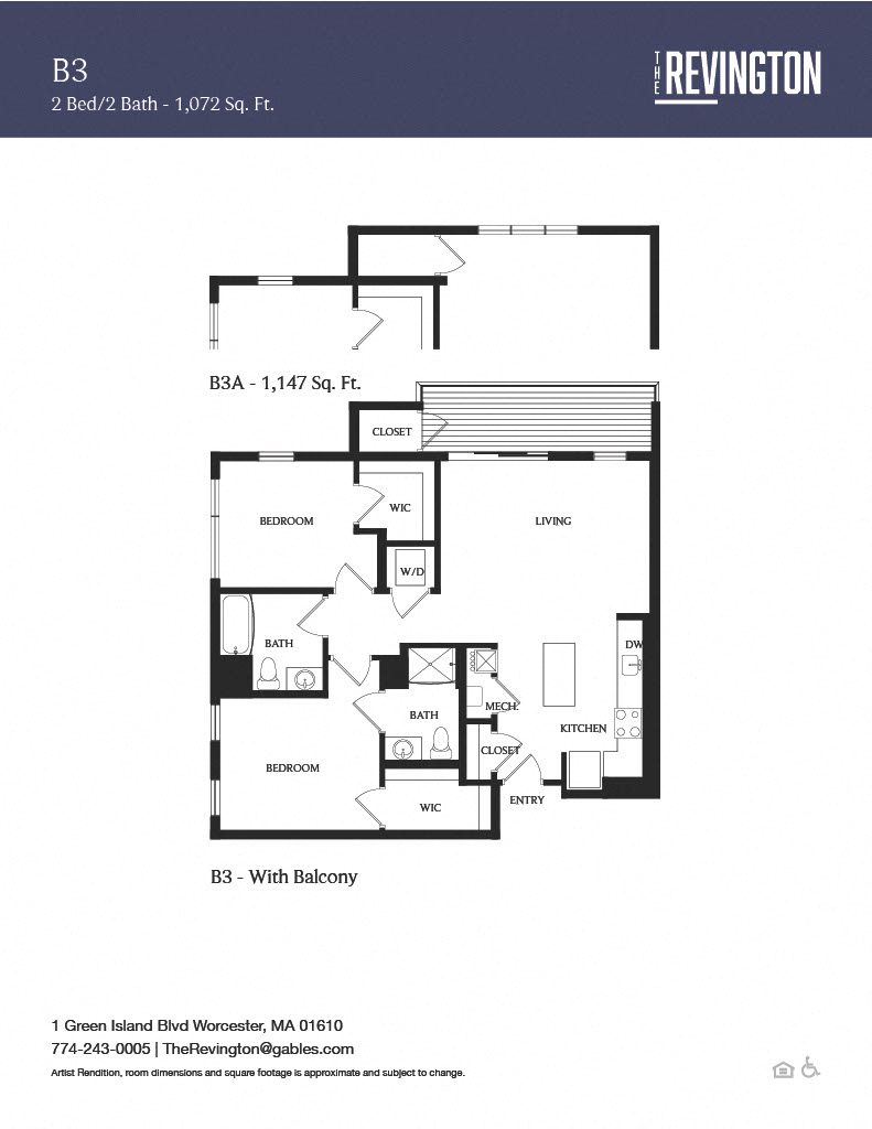 Floor plan for 2 beds, 2 baths, 1072 sqft