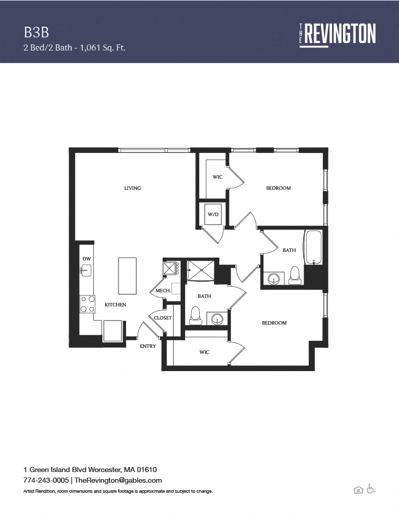 Floor plan for 2 beds, 2 baths, 1061 sqft