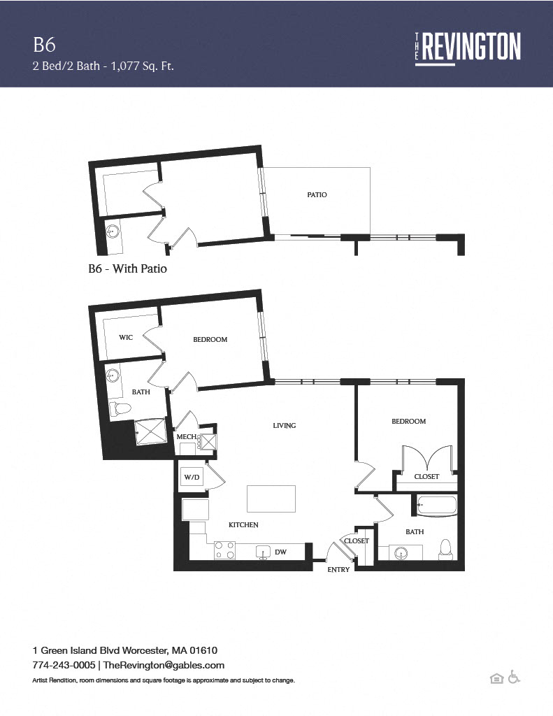 Floor plan for 2 beds, 2 baths, 1077 sqft