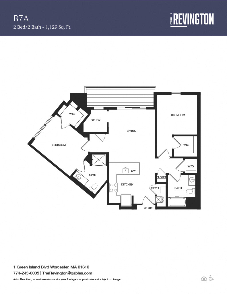 Floor plan for 2 beds, 2 baths, 1129 sqft