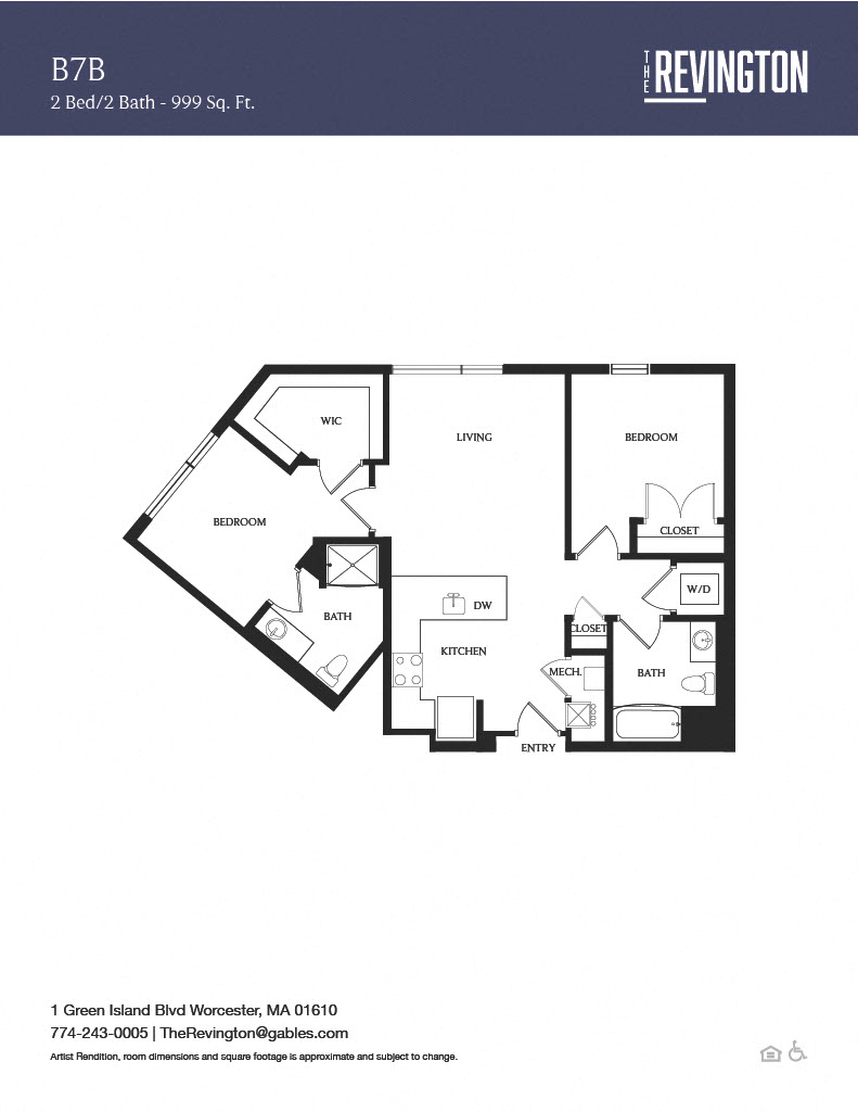 Floor plan for 2 beds, 2 baths, 999 sqft