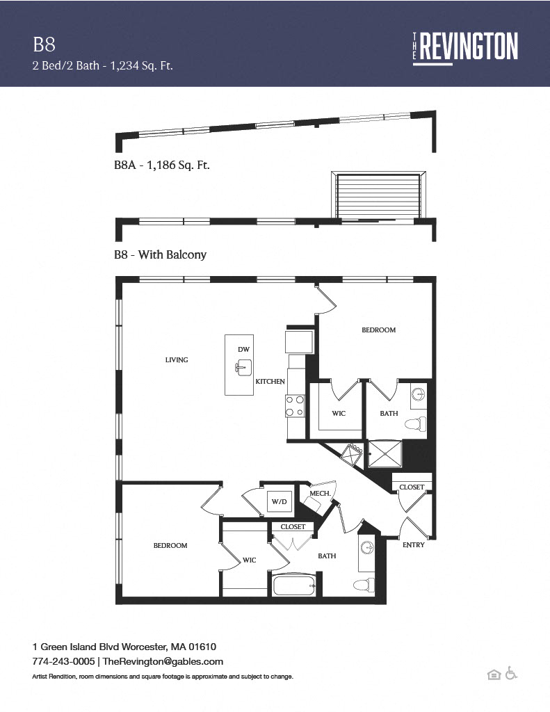 Floor plan for 2 beds, 2 baths, 1234 sqft