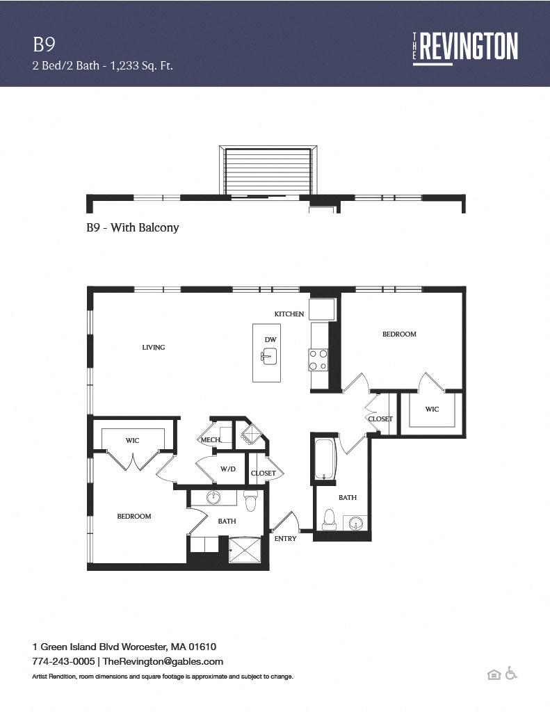 Floor plan for 2 beds, 2 baths, 1233 sqft
