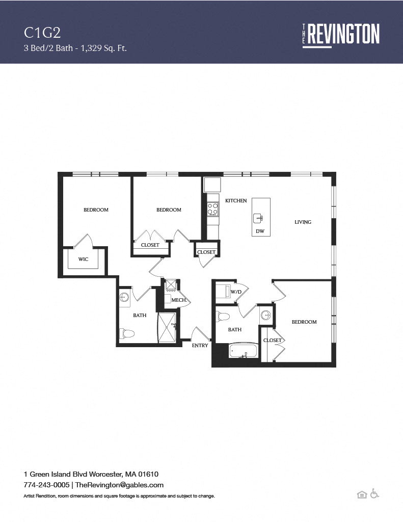 Floor plan for 3 beds, 2 baths, 1329 sqft