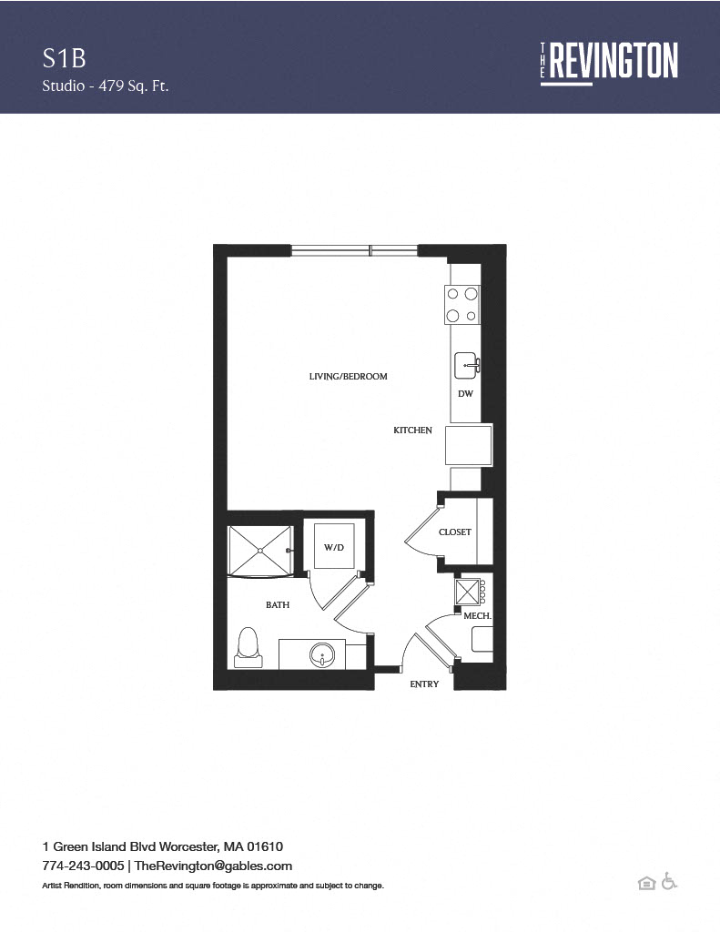 Floor plan for studio, 1 bath, 479 sqft