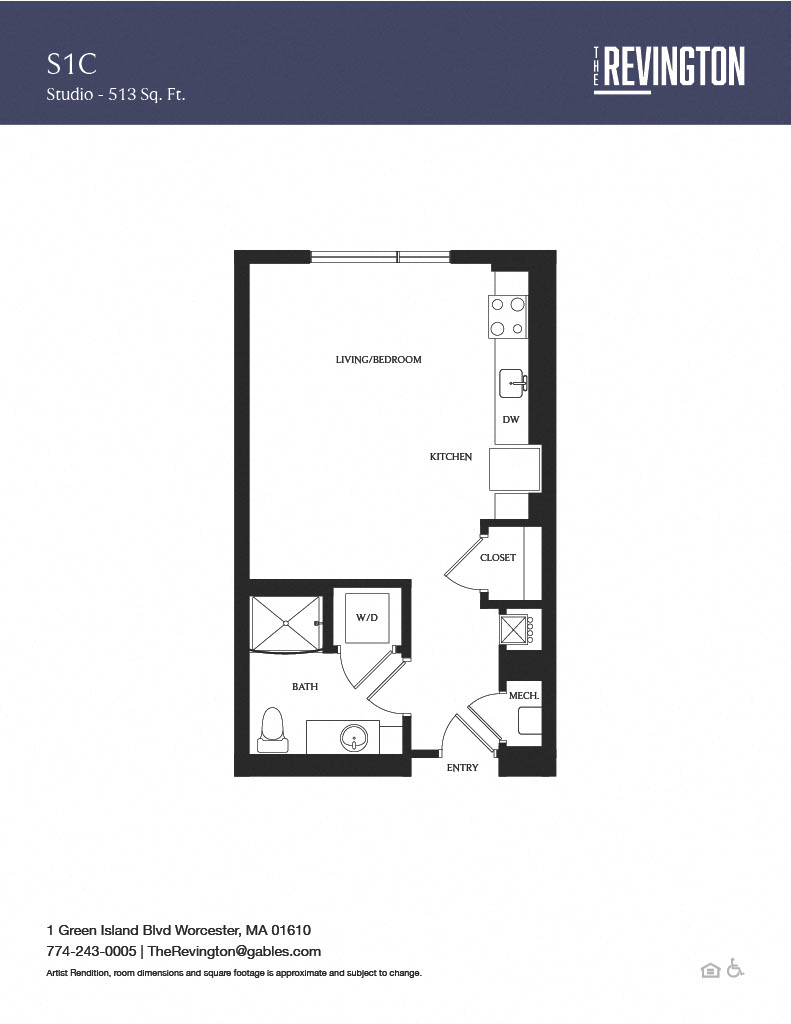 Floor plan for studio, 1 bath, 513 sqft