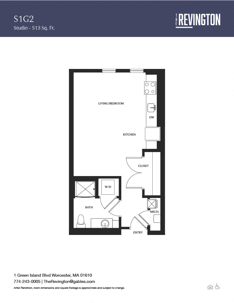 Floor plan for studio, 1 bath, 513 sqft
