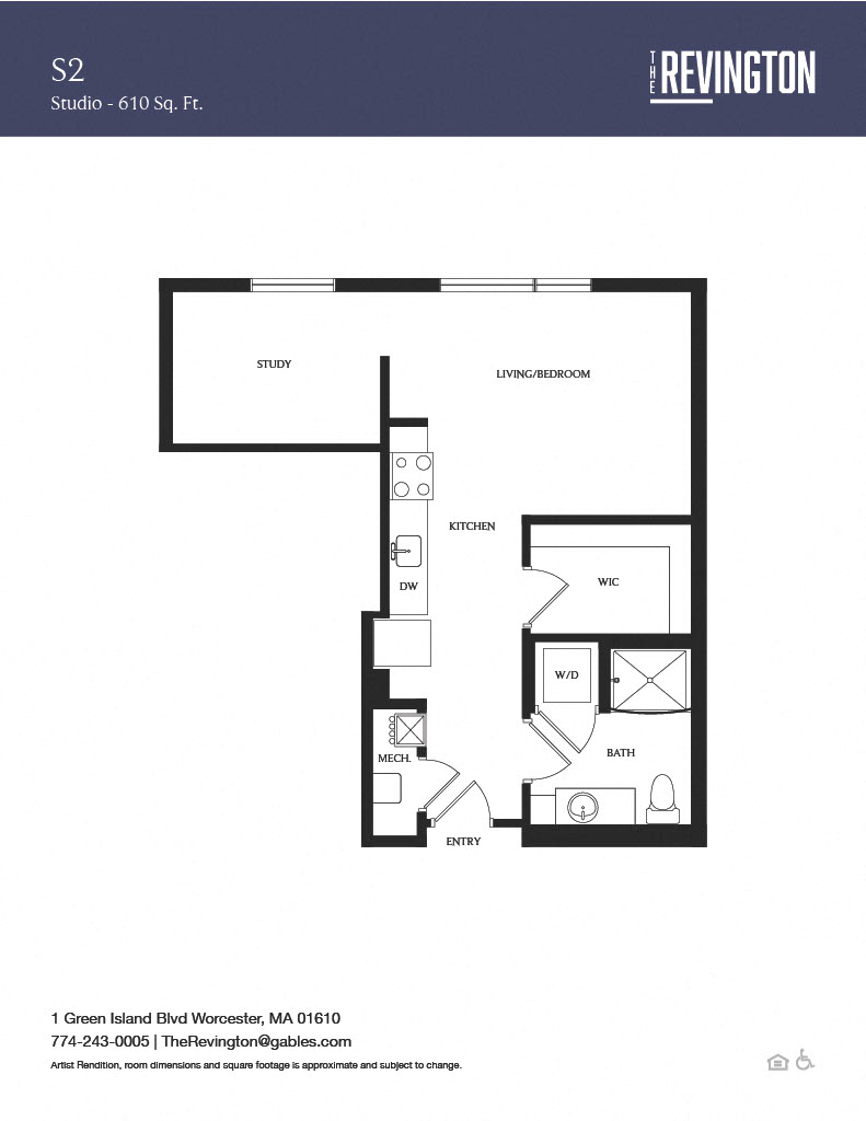 Floor plan for studio, 1 bath, 610 sqft