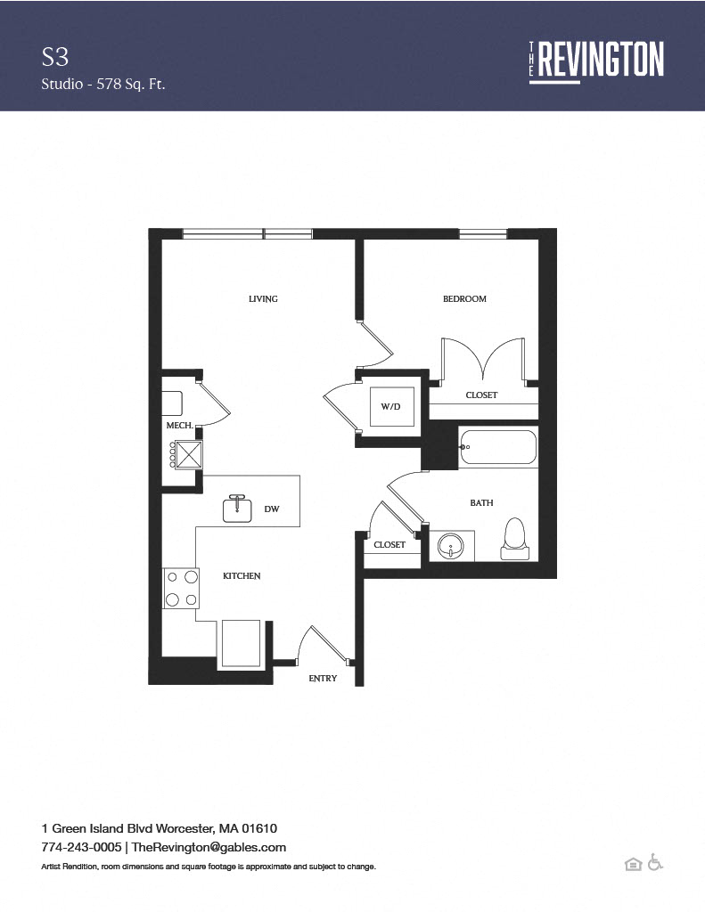 Floor plan for studio, 1 bath, 579 sqft