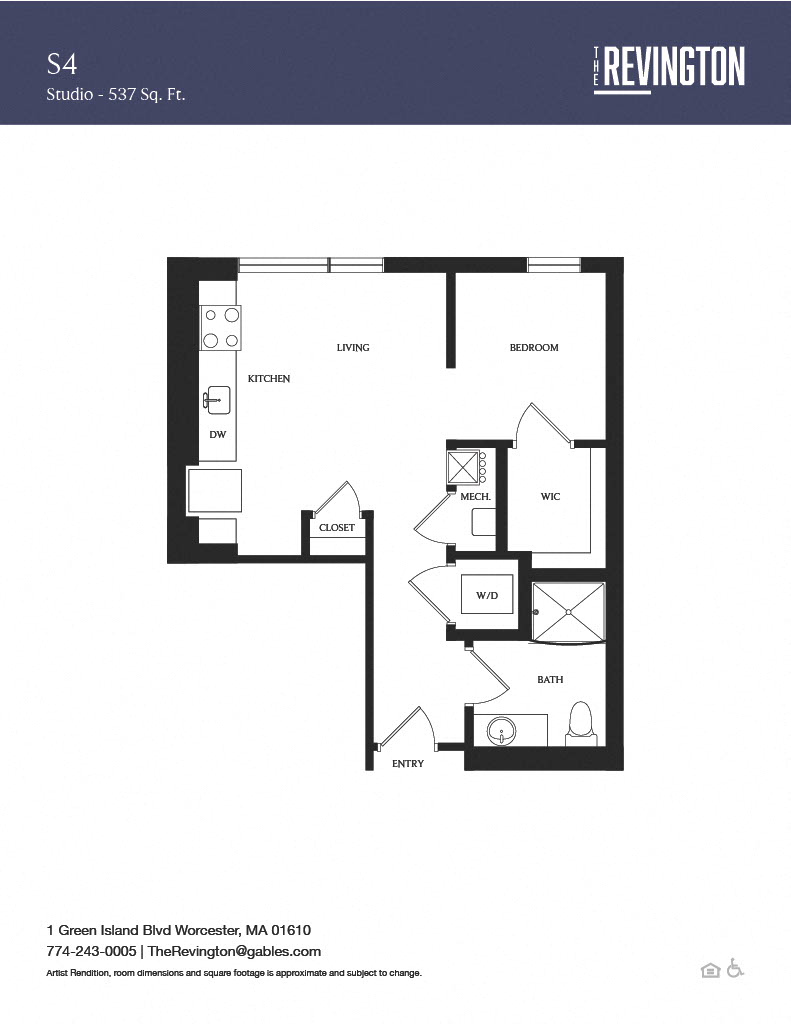 Floor plan for studio, 1 bath, 537 sqft